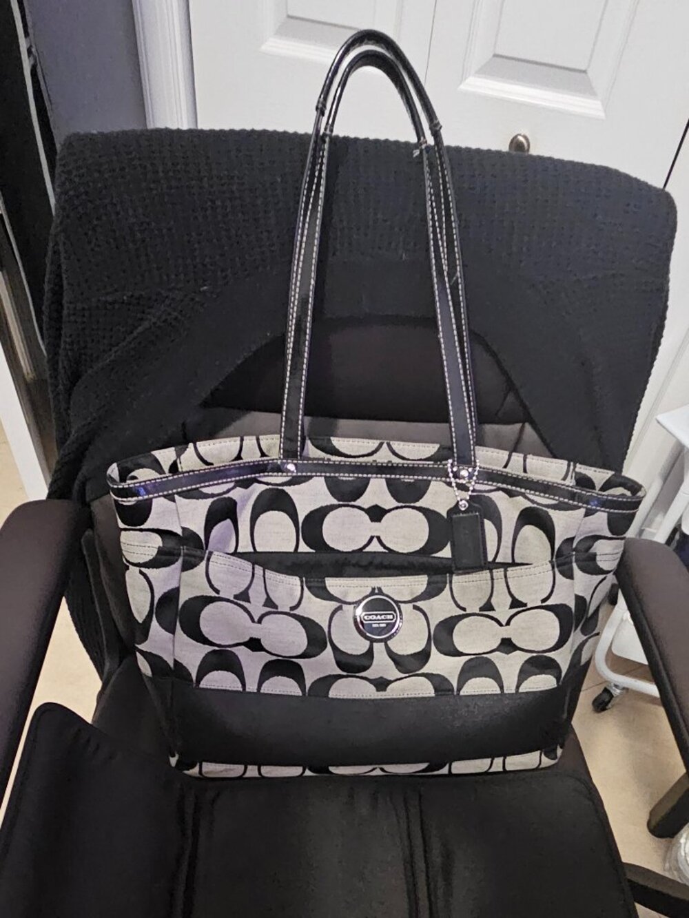 Coach Signature C Jacquard Tote Black Gray Baby Diaper